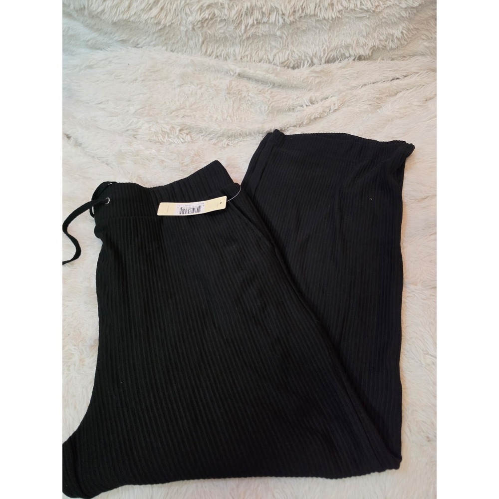 Cyrus Ribbed Wide Leg Lounge Pants Large Black Drawstring Cozy Knit NWT